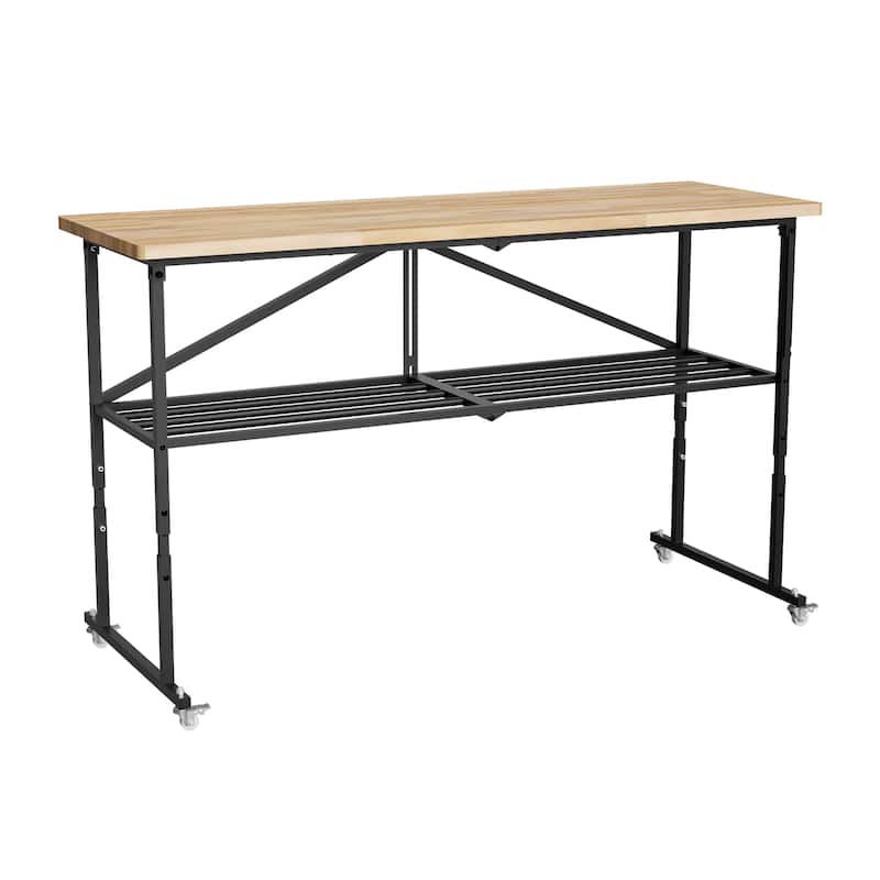SmartFold Heavy-Duty Folding Butcher-Block Workbench- Portable Wood-Top Utility Table w/ Locking Casters