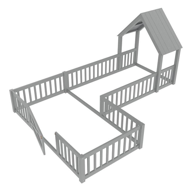 Twin Size House Floor Bed, Double Twin Floor Bed with Door and Full-length Guardrails, Multi-function Design