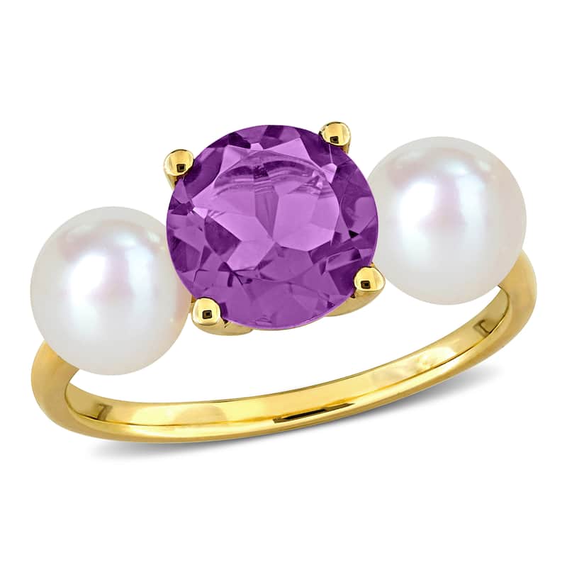 Miadora 1 1/2ct TGW Amethyst 6-6.5mm Cultured Freshwater Pearl Ring 10k Yellow Gold