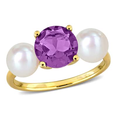 Miadora 1 1/2ct TGW Amethyst 6-6.5mm Cultured Freshwater Pearl Ring 10k Yellow Gold