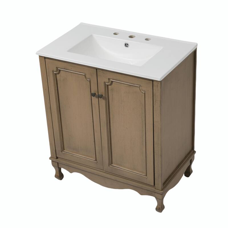 30" Vintage Bathroom Vanity - Rectangle Sink, Antique Handles, Solid Wood Legs, and Adjustable Shelves