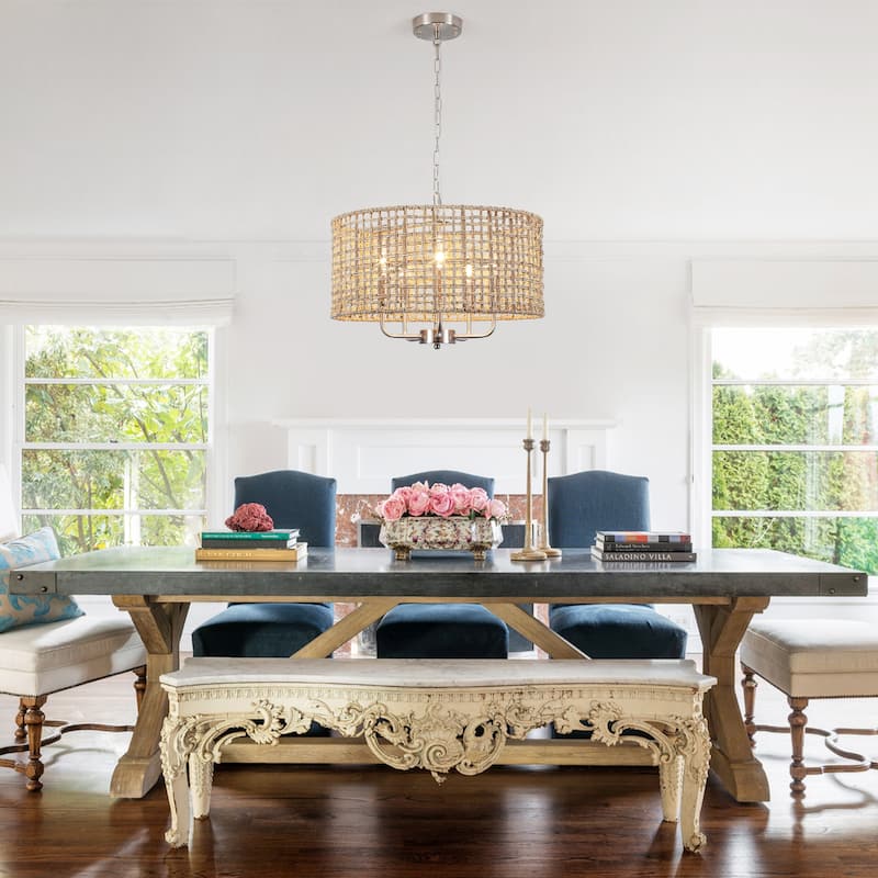 5 - Light Dimmable Drum Chandelier Natural Rattan Bohemian & Coastal Pendant - 18.9 in