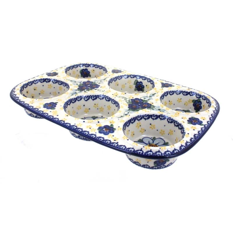 Blue Rose Polish Pottery 335 Vena Muffin Pan - Daisy Surprise