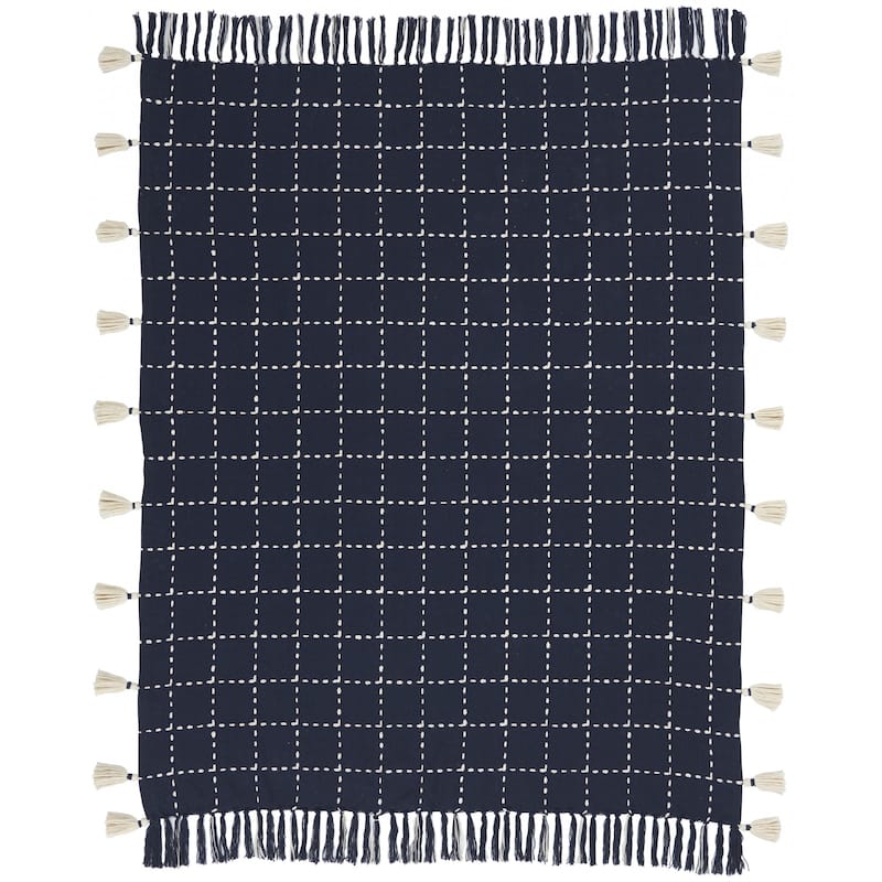 Navy and White Stitched Square Pattern Cotton Throw Blanket