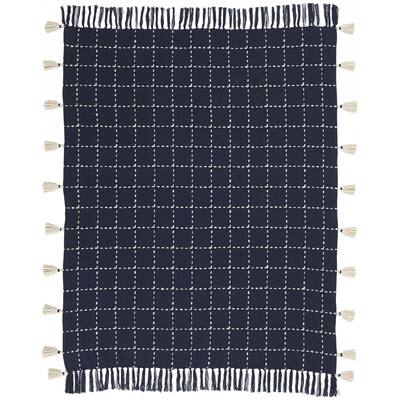 Navy and White Stitched Square Pattern Cotton Throw Blanket