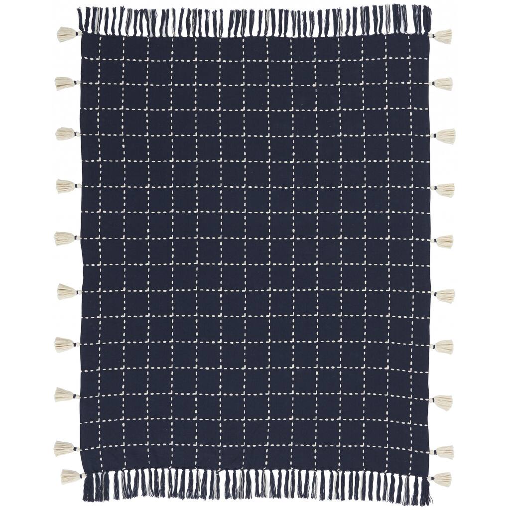 Navy and White Stitched Square Pattern Cotton Throw Blanket
