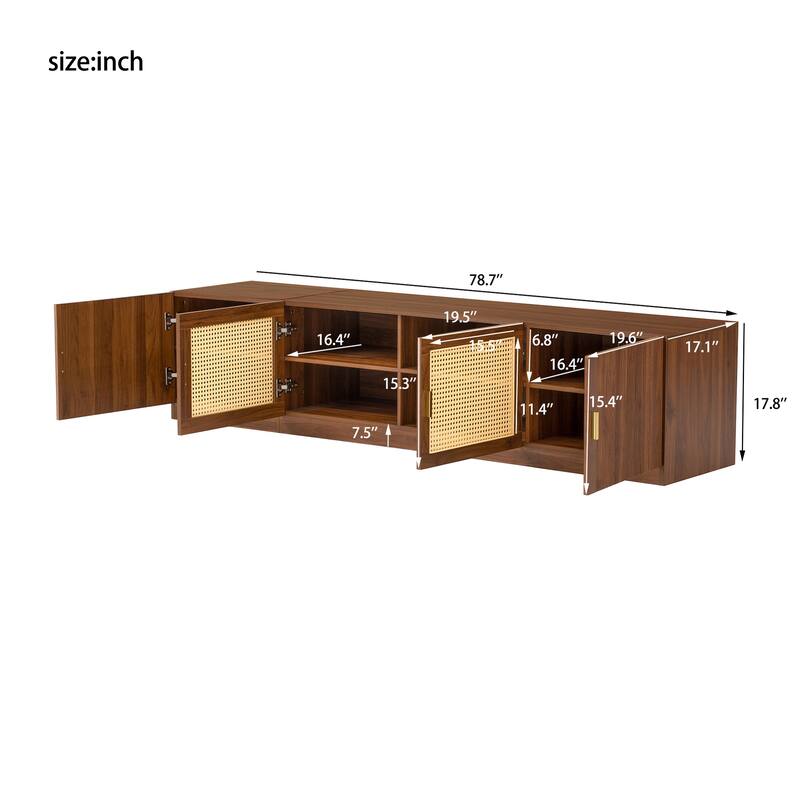 78" Retro TV Stand with Rattan Doors for TVs Up to 85", Wood TV Console, Living Room Media Console with Adjustable Shelves