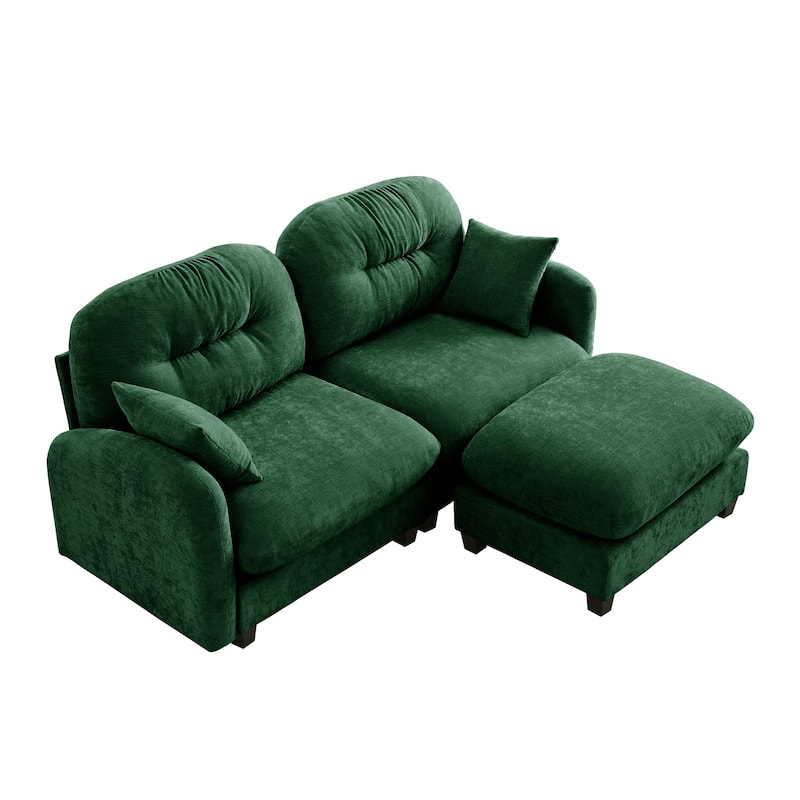 2 Seat Chenille Sofa Round Arms Sectional Sofa, Modern 74" Tufted Back Couch with Ottoman for Lving Room, Small Space