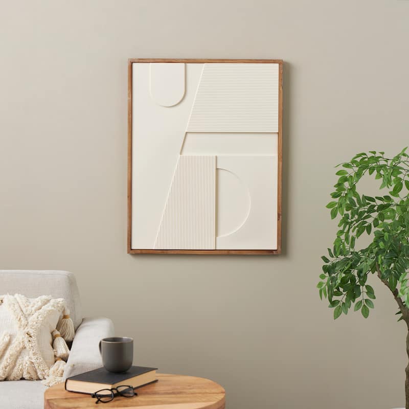 White or Cream Wood Geometric Wall Decor with Brown or Black Wood Frame - Cream