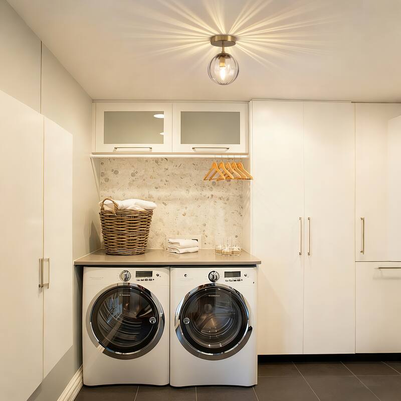 Modern Single Semi Flush Ceiling Light with Metal Base & Ribbed Gray Glass Globe Shade