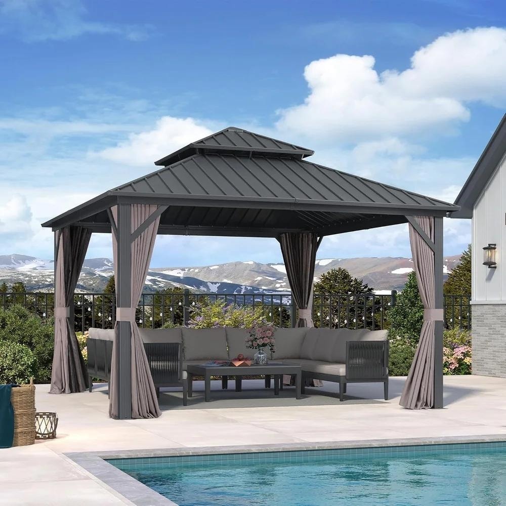 PURPLE LEAF Gazebo Grey Outdoor with Dual-Layer Galvanized Steel Double Roof Aluminum Gazebo with Netting and Curtains