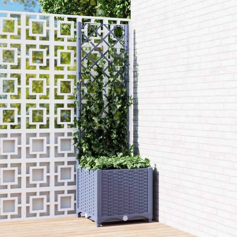 vidaXL Garden Planter with Trellis Plant Pot Flower Box Raised Bed Outdoor PP - 15.7" x 15.7" x 53.5" - Blue gray