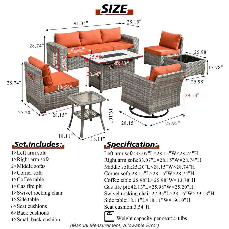 HOOOWOOO 9-piece Wicker Outdoor Modular Wide Armrest Sectional Set Fire Pit Set