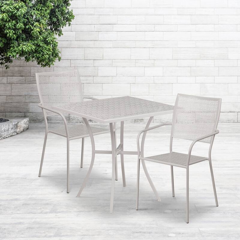 28'' Square Indoor-Outdoor Steel Patio Table Set with 2 Square Back Chairs - Light Gray