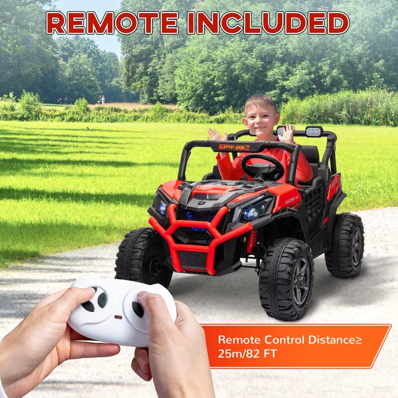 24V Kids Ride-On Car with Parent Remote Control, Red Battery Powered Electric Car Off-Road Toy Car with Safety Belts