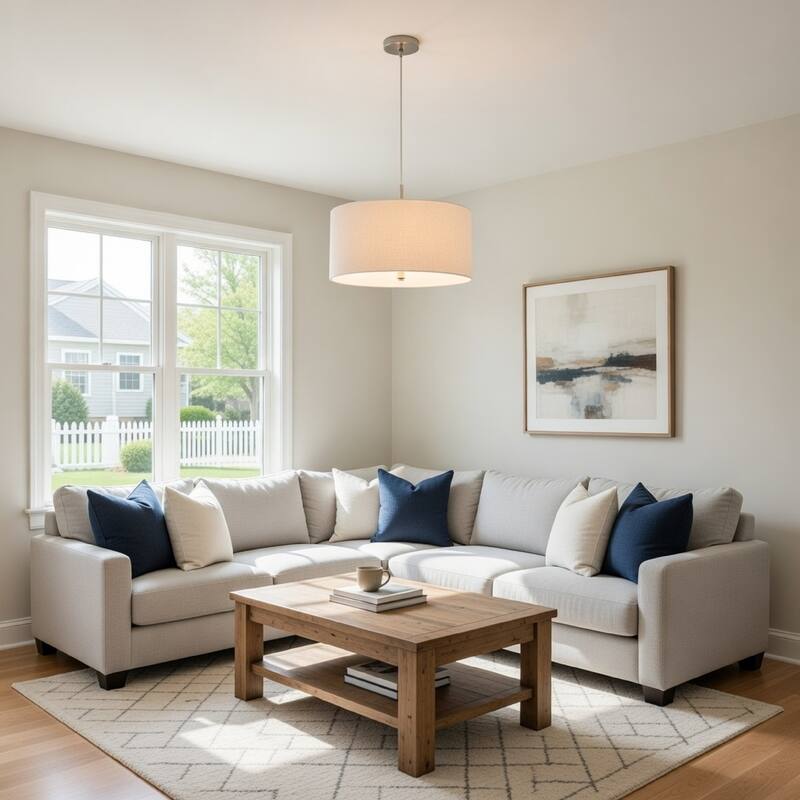 Metal Pendant Lighting with Fabric Circular Drum Shade, Off White