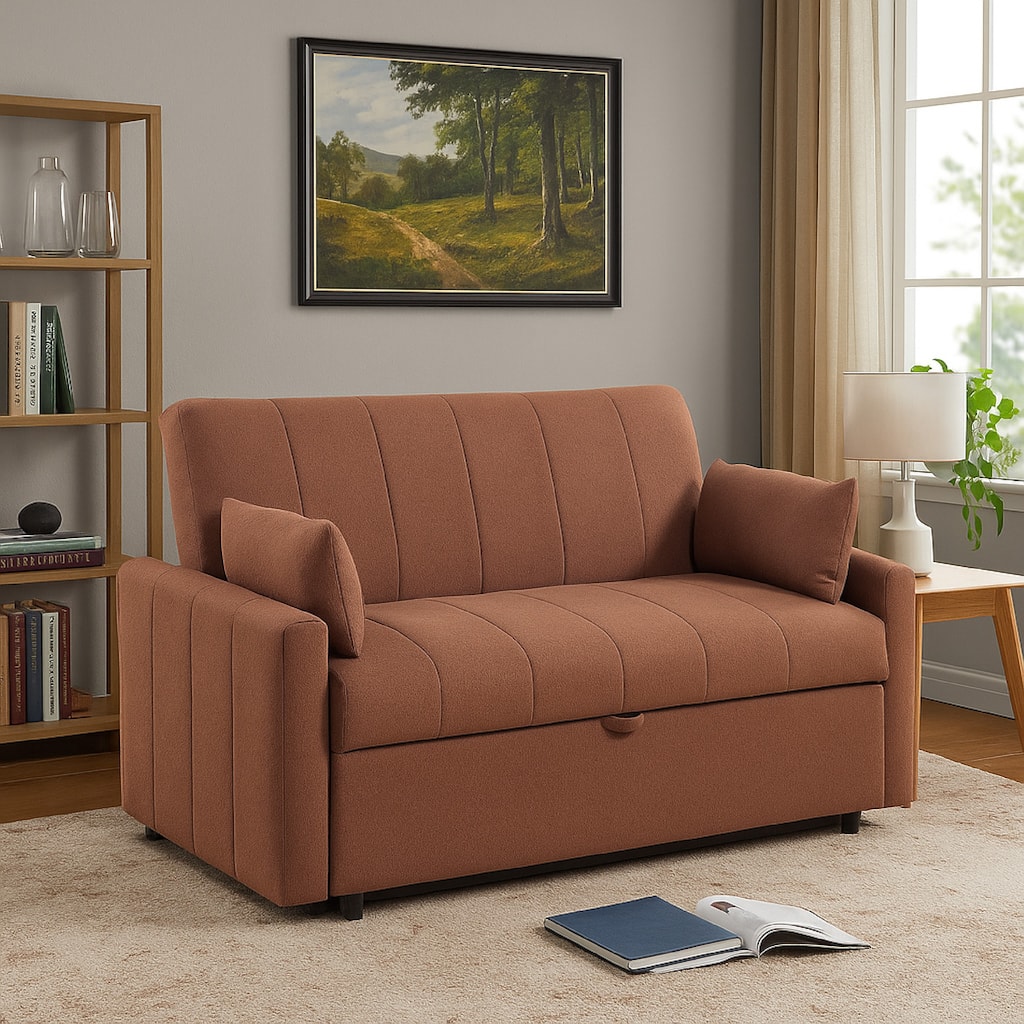 Porta Sleeper Sofa Full Bed, Copper Brown Boucle, Pillows, 60 Inch