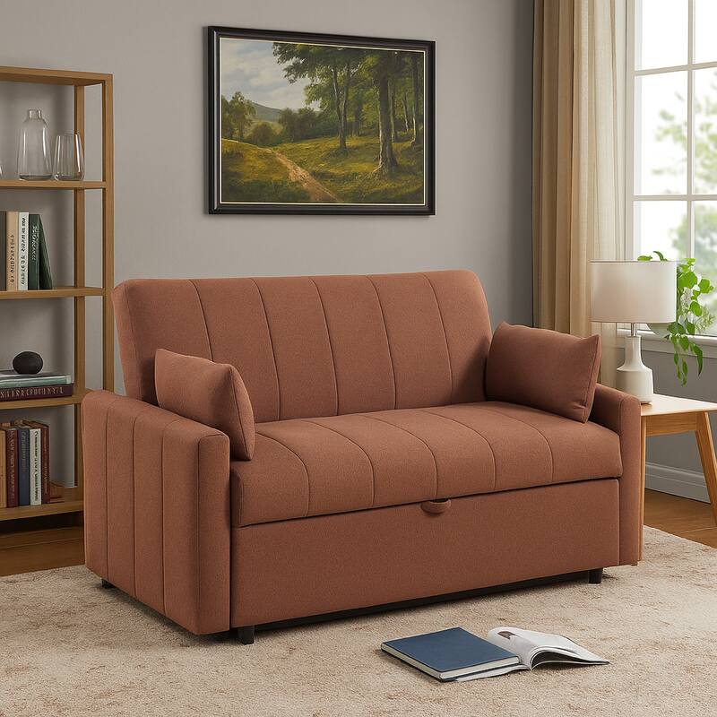 Porta Sleeper Sofa Full Bed, Copper Brown Boucle, Pillows, 60 Inch
