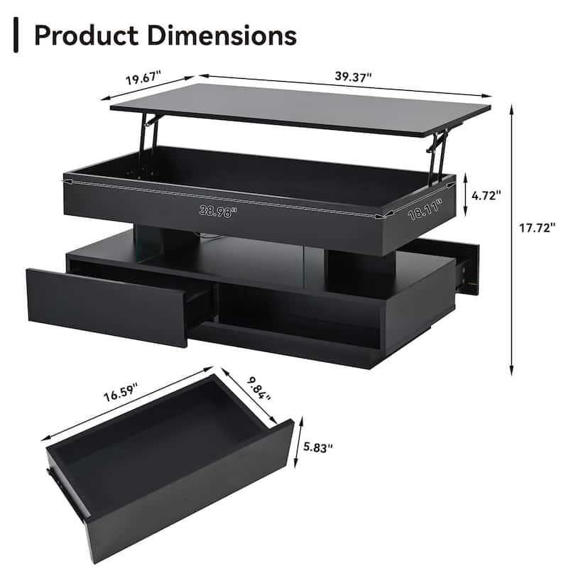 39.3" Modern Lift-Top Coffee Table with LED Lights, Hidden Storage Compartment and 2 Drawers for Living Room or Office