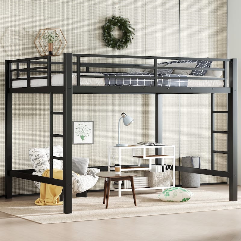 Queen Size Metal Loft Bed, Loft Bed with Easy Climbing Ladder and Guardrails , Black - Black