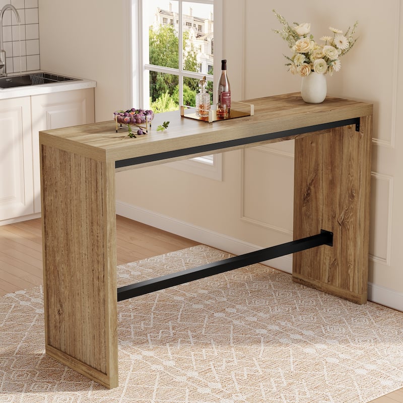 55 Inch Bar Table, Wooden Counter Height Table with Metal Footrest - 55.11" W x 15.59" D x 37.40" H