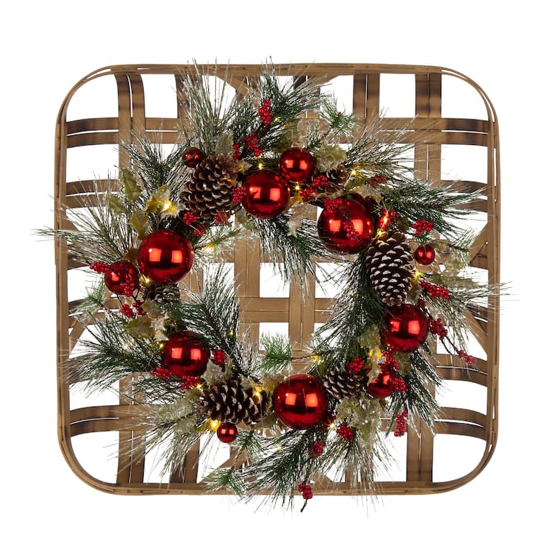 Glitzhome 24"D Lit Frosted Ball Berry Holly Pine Pinecone Wreath With Lights