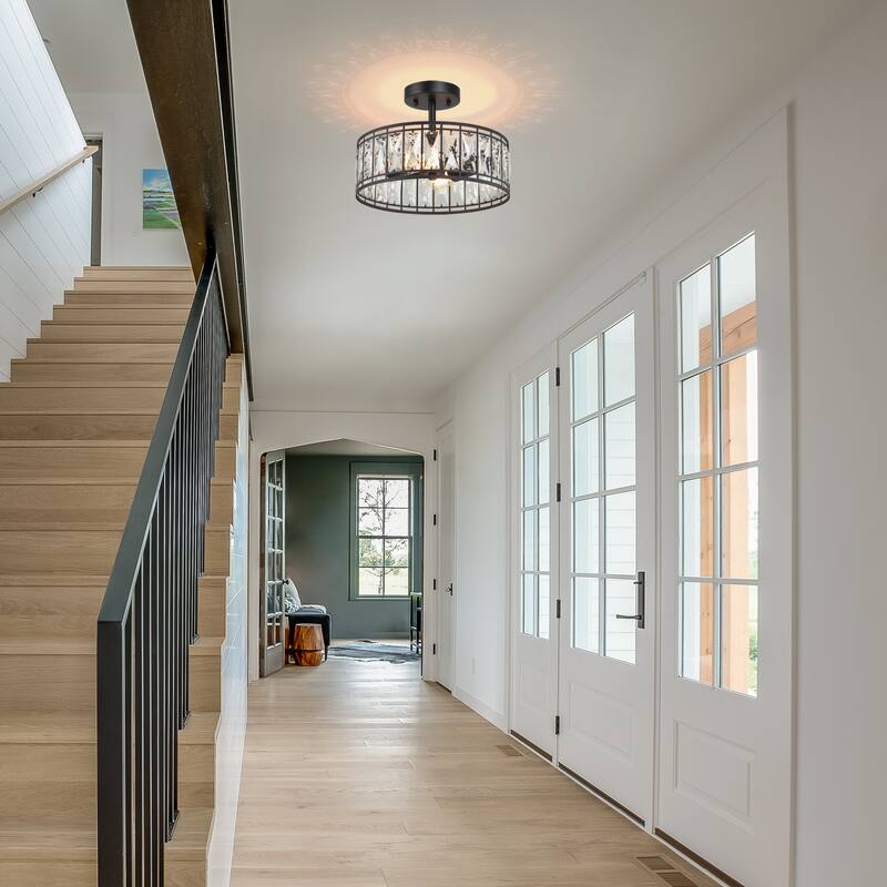 Aulia Modern Crystal 2-Light Drum Semi Flush Mount Black Ceiling Light - 12.5'' D x 9.5'' H