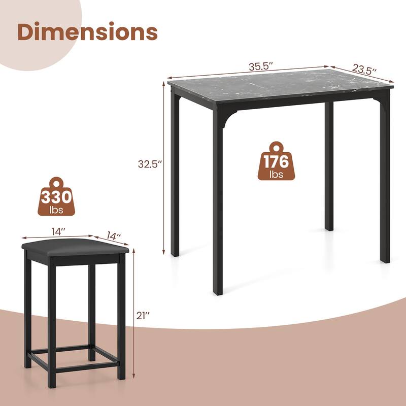 Gymax 3 PCS Counter Height Dining Set Faux Marble Table & 2 Chairs