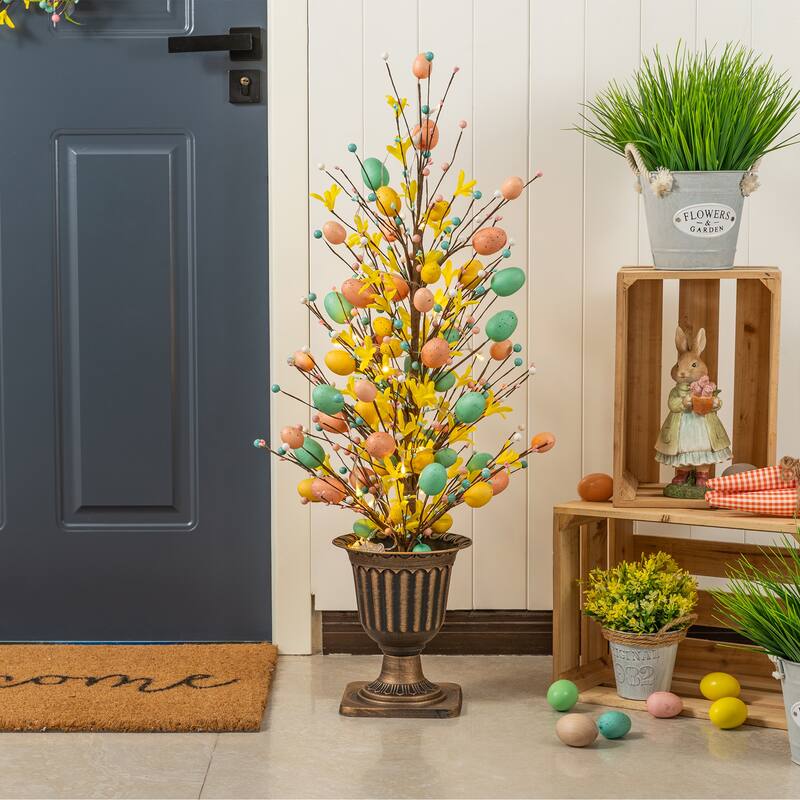 Glitzhome 36"H Easter Egg Berries Flower Urn Porch Tree with 20 Warm White Lights and Timer