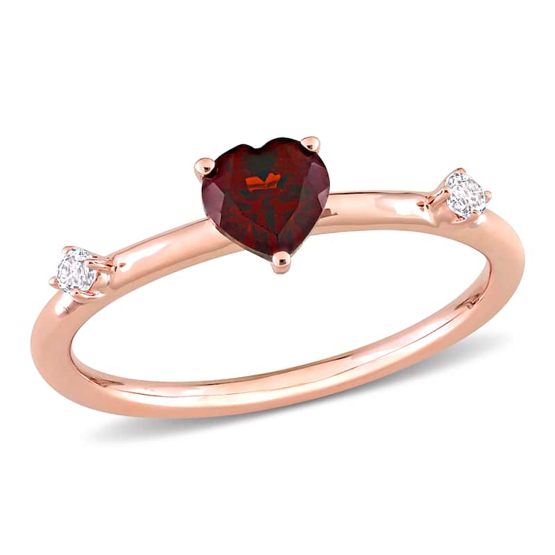 Miadora 10k Rose Gold Garnet and White Topaz 3-Stone Stackable Heart Ring