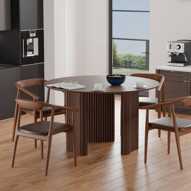46" Round Dining Table Kitchen Table for 4 with Arc-Shaped Edge Top and Fluted Pedestal Legs for Living Room Dining Room Coffee