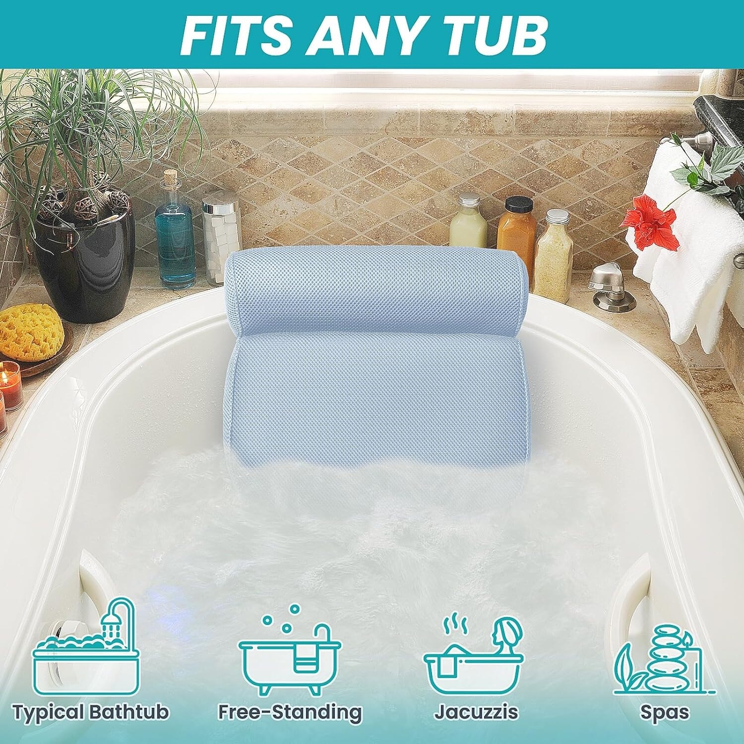 Bath Pillow Bathtub Pillow with 6 Non Slip Suction Cups for Head Neck and Back Support
