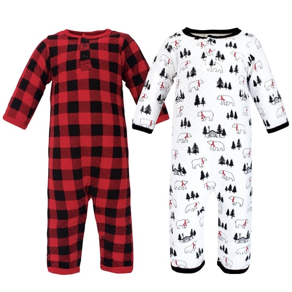slide 1 of 1, Hudson Baby Infant Boy Premium Quilted Coveralls, Buffalo Plaid Bear 0 - 3 Months - Red