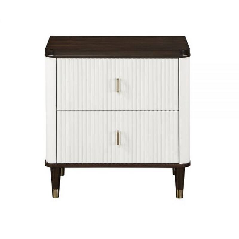 Aren 27 Inch Nightstand, 2 Drawers, USB Charger, Solid Wood, White, Brown