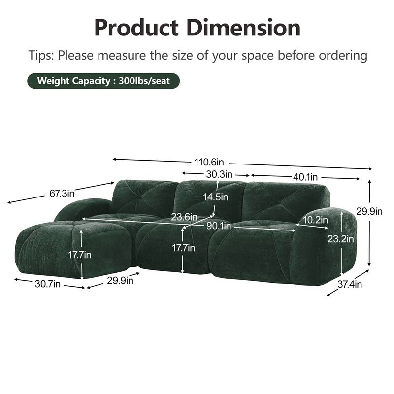 L-shaped Soft Velvet Fabric, Boneless Sofa, Tufted Design, Ergonomic Design Bottom, 32D High Density Sponge
