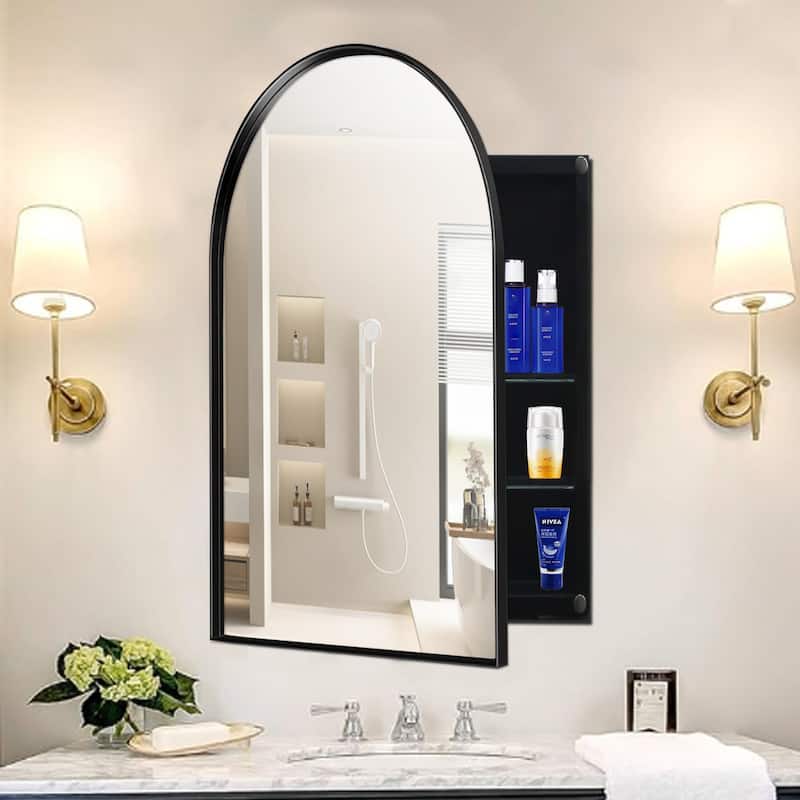 24x36"Arched Recessed Medicine Cabinet,Metal Framed Bathroom Wall Cabinet with Mirror and Adjustable Shelves - Black