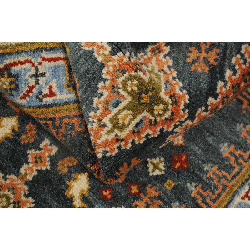 Hand Knotted Oriental 100% Wool Carpet Traditional Geometric Navy Blue & Blues Viss Runner Rug - 8' 9'' X 2' 7''