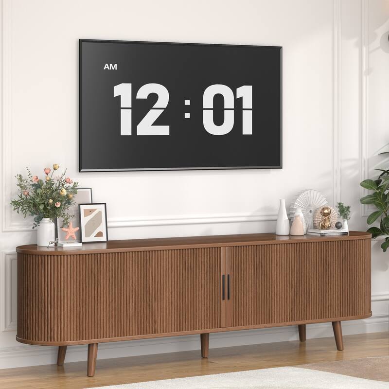 Gymojoy 71" Mid-Century Modern TV Stand, Walnut Media Console with Sliding Doors, Entertainment Center for TVs up to 80".