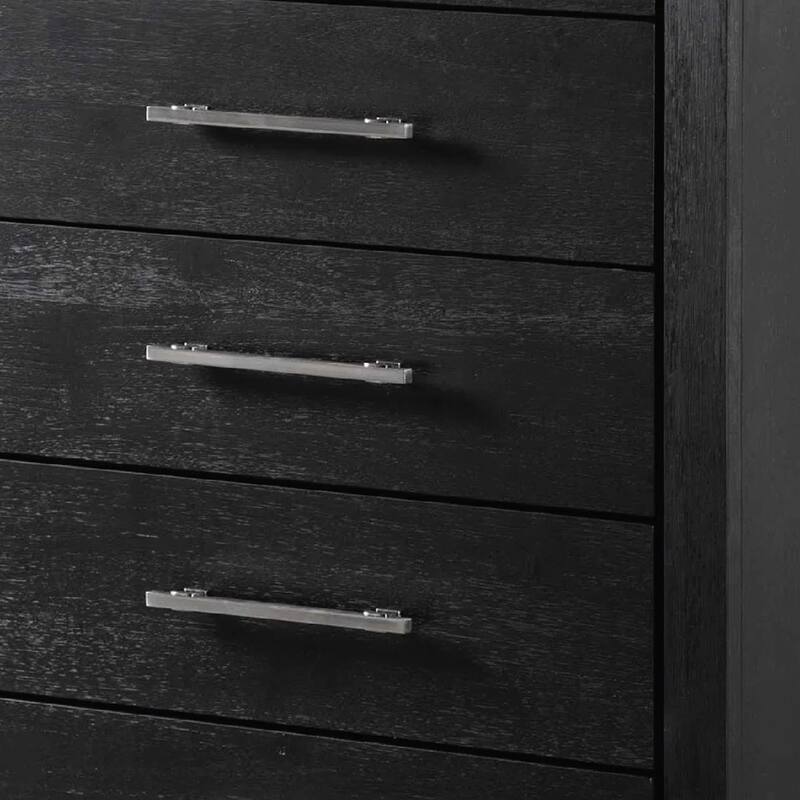 Ashen Tall Dresser Chest, 5 Drawers, Black Solid Wood, Chrome Metal