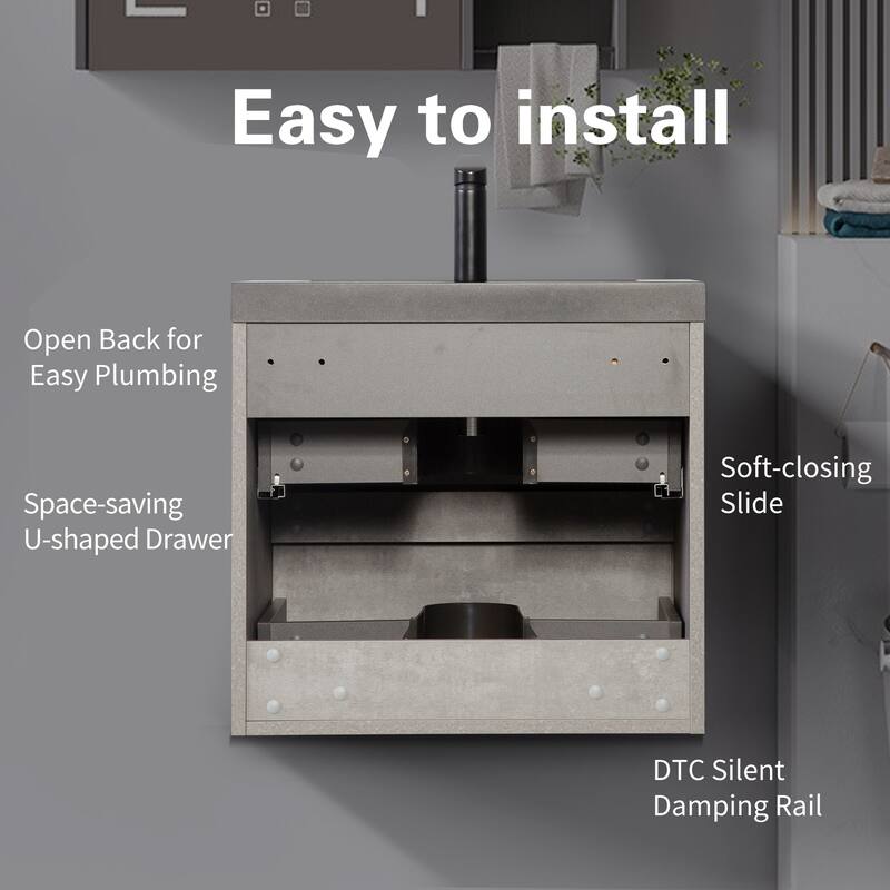 36" Wall-Mounted Floating Vanity with Premium Quartz Sand Basin, Grey Modern Storage Cabinet