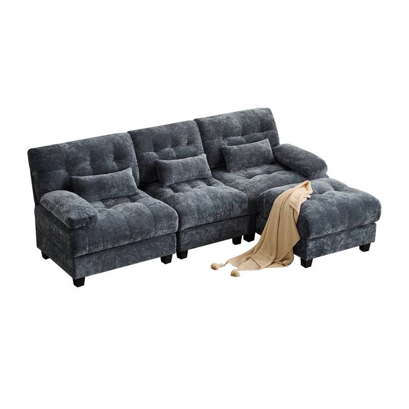 Sectional Sofa with Ottoman, Chenille Fabric Sofa with 4-Position Adjustable Backrest & 3 Pillows, Comfy Upholstered 3 Seat Sofa