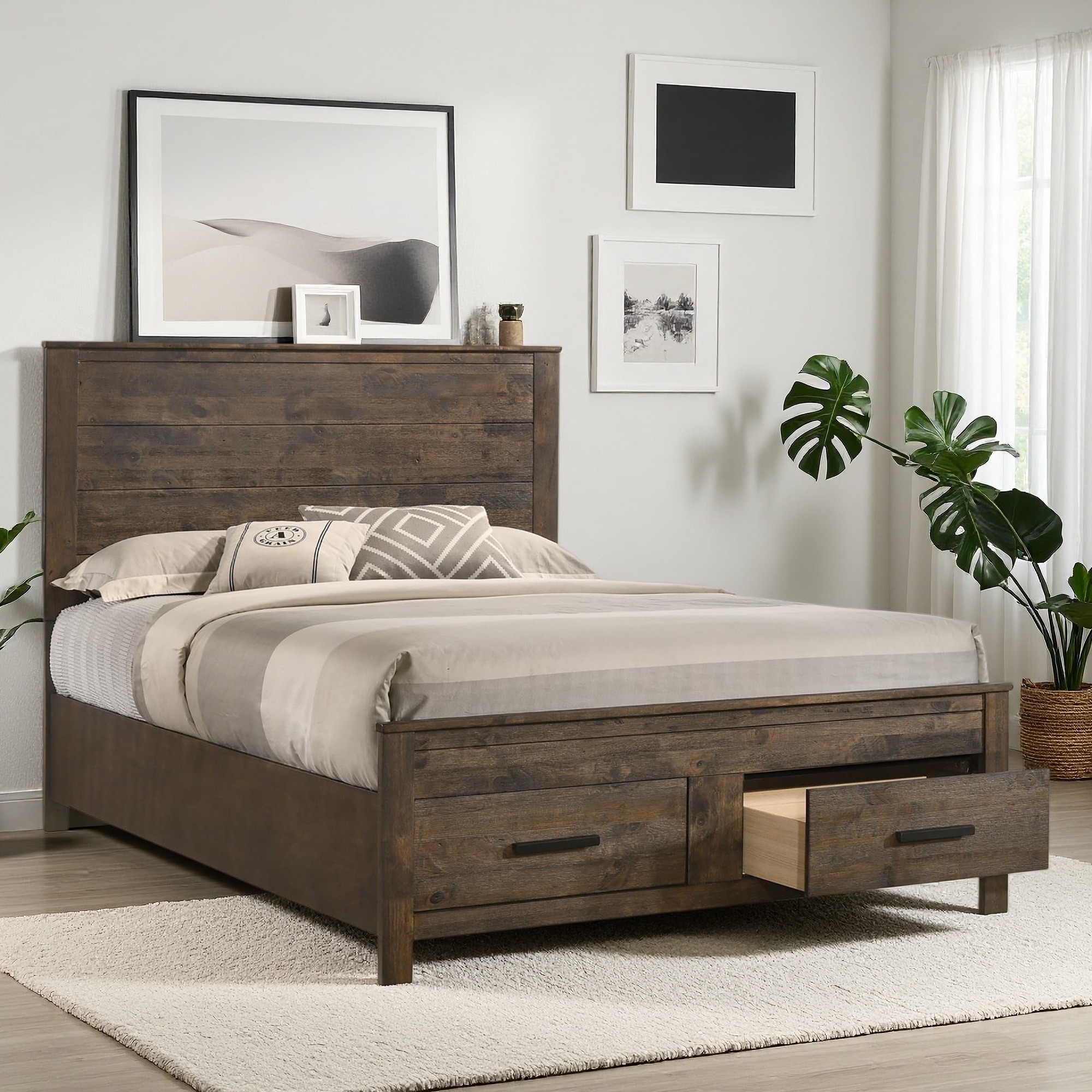 Queen Size Rustic Wood Storage Bed with Footboard Drawers