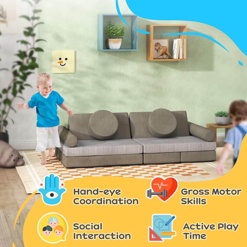 Modular Kids Play Couch, 12 Piece Kids Couch for Playroom Bedroom, Convertible Sofa Lounger for Boys & Girls, Khaki