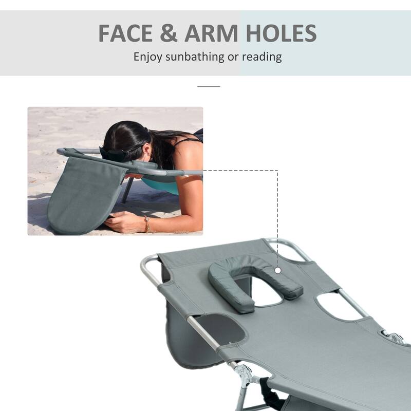 Outsunny Folding Beach Lounge Chair with Face Hole and Arm Slots, 5-level Adjustable Sun Lounger Tanning Chair with Pillow - N/A