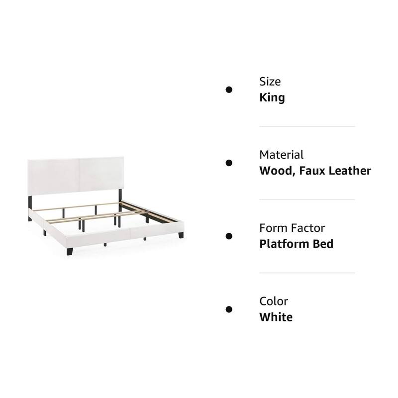 King Bed Frame Upholstered Black PU Leather Platform Bed with Foam Headboard - Modern Glam Style