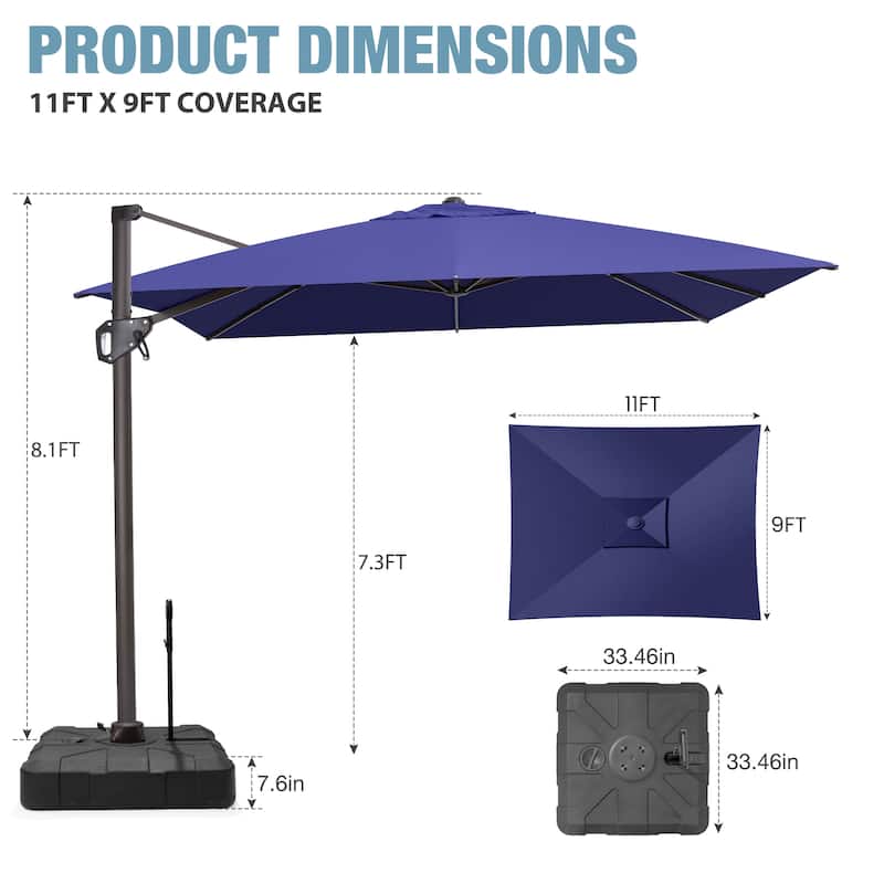 VredHom Patio Outdoor 9 x 11 FT Cantilever-Offset Umbrella with Rod Wheel Base