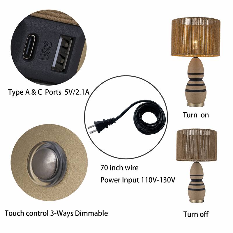 Brise 27" Rattan Table Lamp with USB 3-Way Touch Dimmer