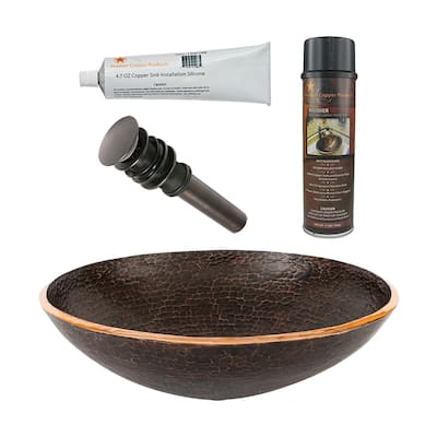 16" Round Hand Forged Old World Copper Vessel Sink, Matching Drain and Accessories