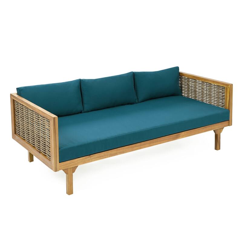 Acacia Wood Daybed with Rattan Arms Slat Paneling and Water Resistant Cushions