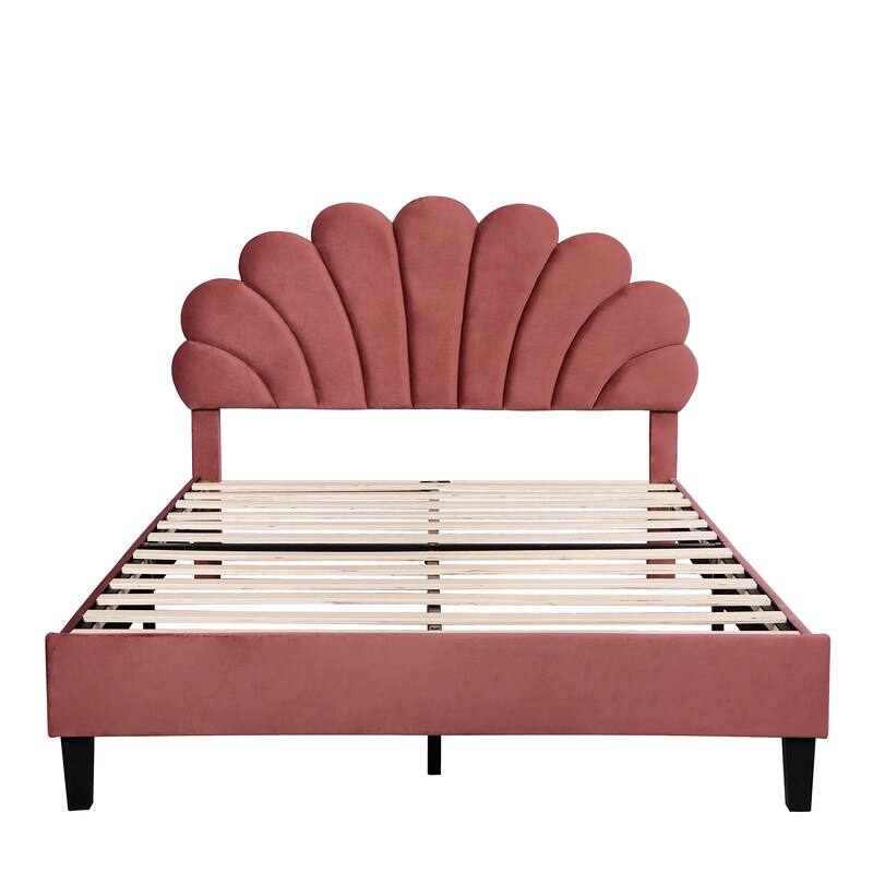Red Full Velvet Upholstered Bed with Floral Pattern Headboard - No Box Spring Needed